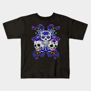 Triple Skull Blue Floral Day Of The Dead Sugar Skulls Kids T-Shirt